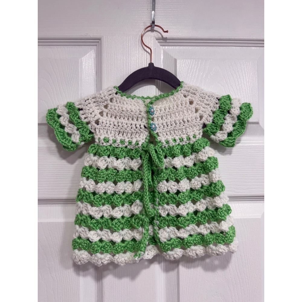 Handmade Crochet Baby Cardigan Green White Striped Flower Button Sweater Kids